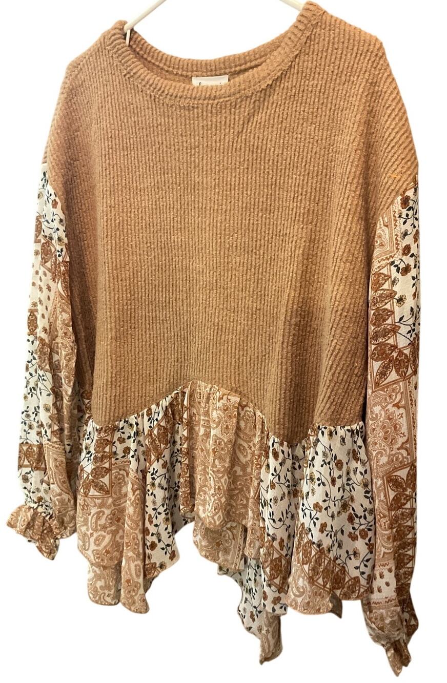 &merci boho oversized Small Top Ribbed Floral Sleeves